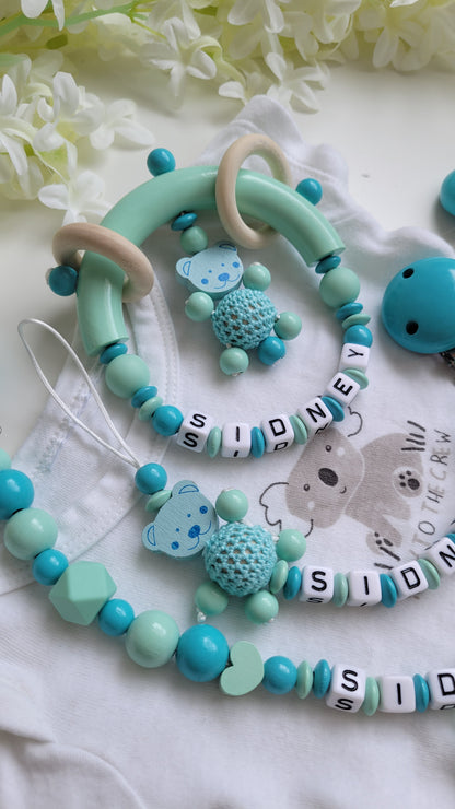 3tlg.Set Schnullerkette Kinderwagenkette & Greifring Teddy türkis