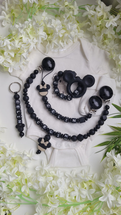 4 tlg Set Schnullerkette Kinderwagenkette Greifring & Schlüsselanhänger Minnie beige black