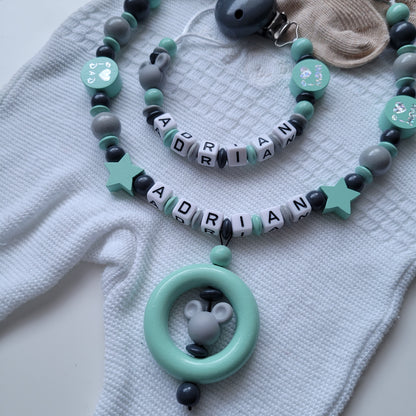 Kinderwagenkette & Schnullerkette mit Namen Maus mint grau