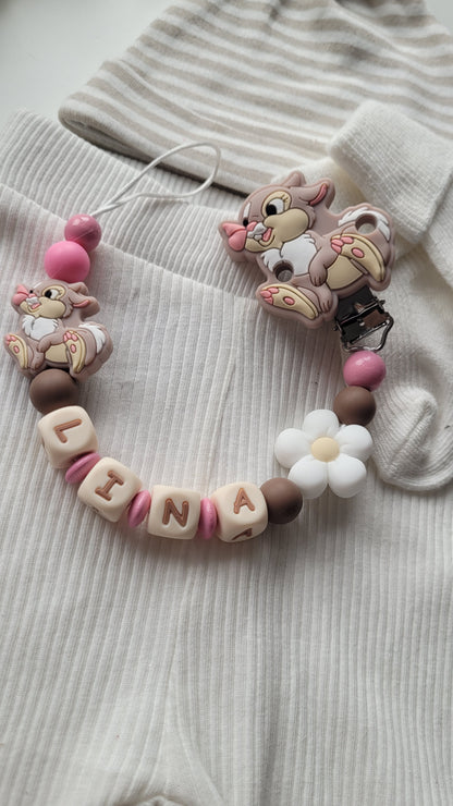 2tlg Set Kinderwagenkette Schnullerkette mit Namen | Hase Blumen pink braun