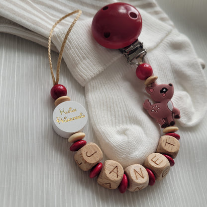 Schnullerkette mit Namen für Mädchen Reh & Kleine Prinzessin weinrot holz
