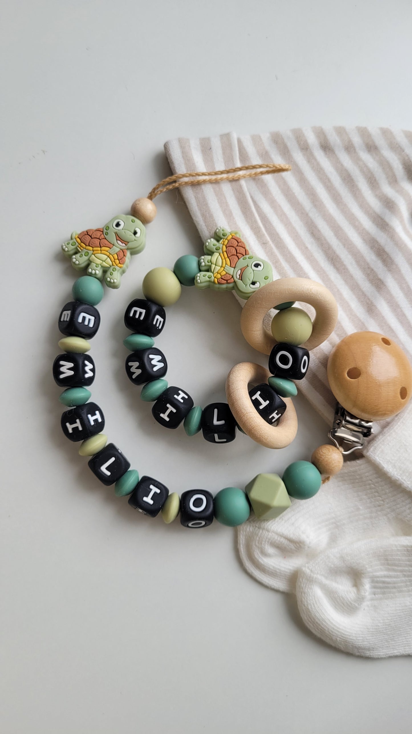 3er Set Schnullerkette Kinderwagenkette & Beissring mit Namen Schildkröte grün blaugrün