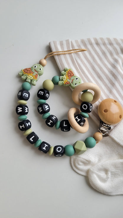 3er Set Schnullerkette Kinderwagenkette & Beissring mit Namen Schildkröte grün blaugrün
