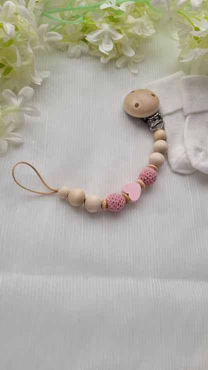 Schnullerkette Häkelperlen & Herz rosa holz