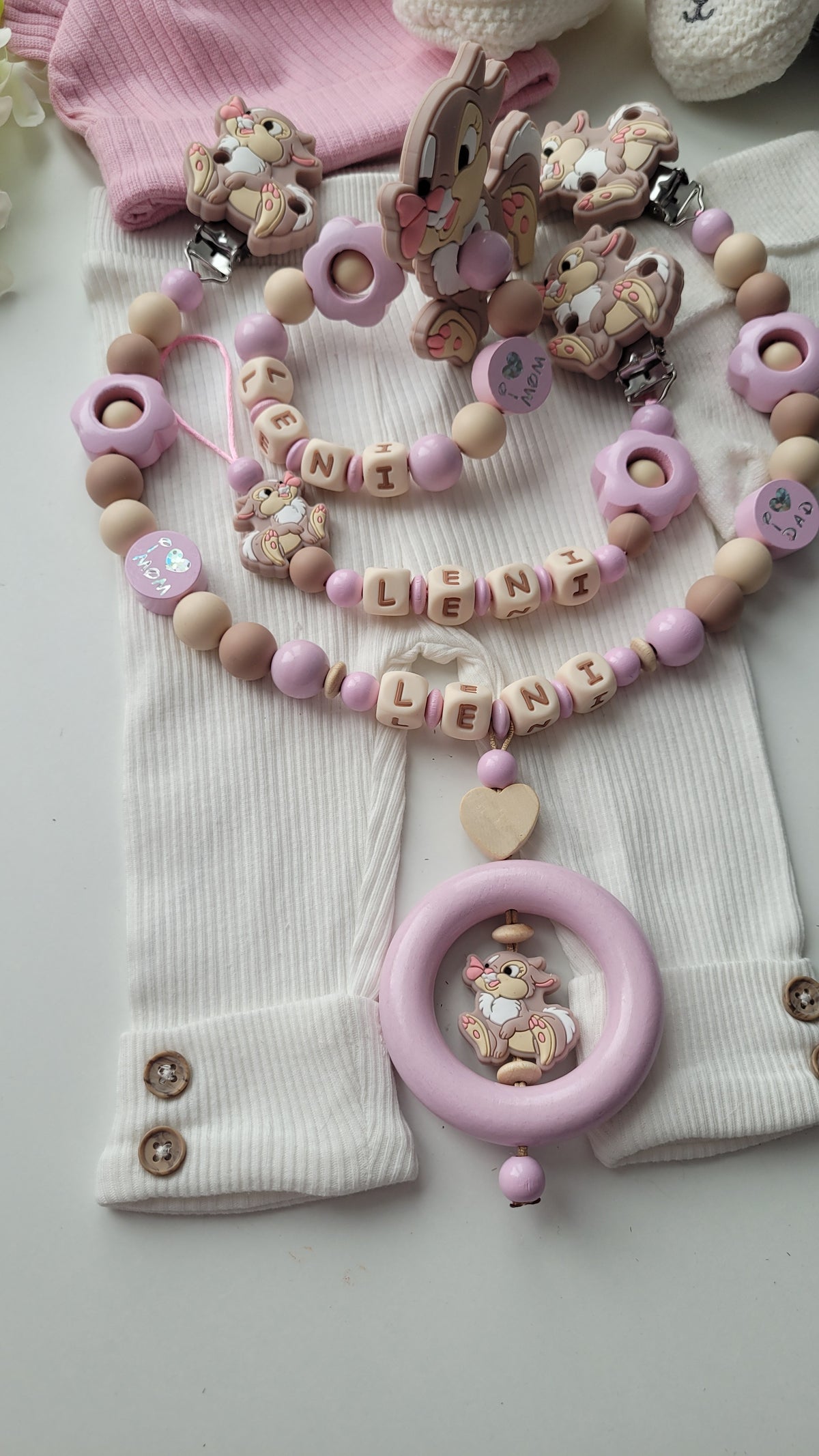 3tlg Set Schnullerkette Kinderwagenkette Beissring Hase & Blumen rosa taupe