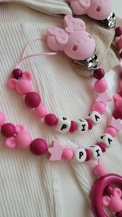 Kinderwagenkette & Schnullerkette mit Namen Maus pink