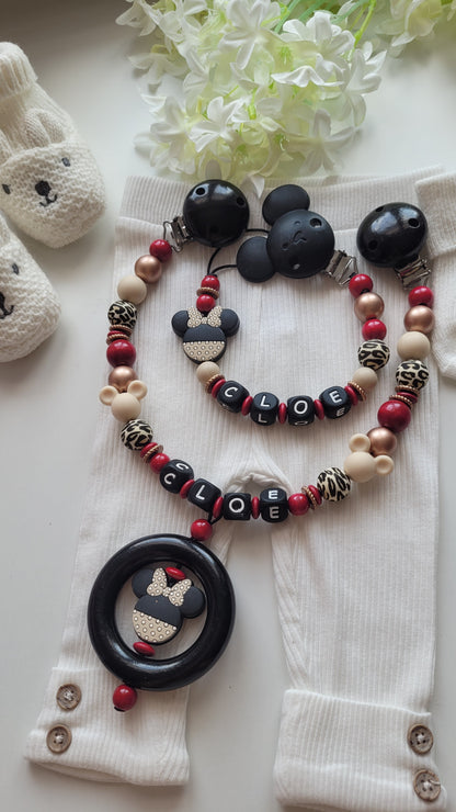 Kinderwagenkette & Schnullerkette Set mit Namen Maus Leoperlen Holzring weinrot rosegold Silikon Holz | personalisiert