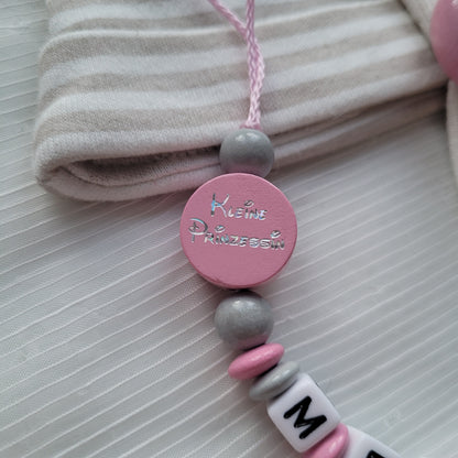 Schnullerkette mit Namen für Mädchen Herz & Kleine Prinzessin rosa grau