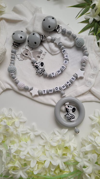 Kinderwagenkette & Schnullerkette Set Zebra grau weiss