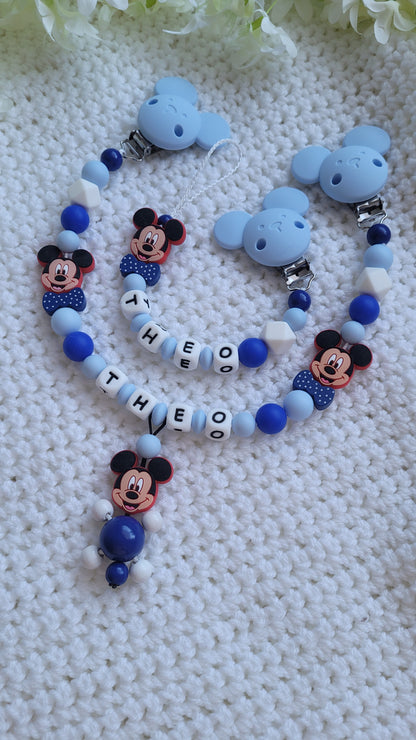 Kinderwagenkette & Schnullerkette mit Namen Maus blau
