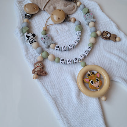 Kinderwagenkette & Schnullerkette mit Namen Safari beige grün