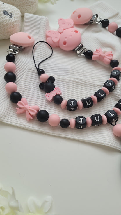 Kinderwagenkette & Schnullerkette apricot schwarz Set für Mädchen