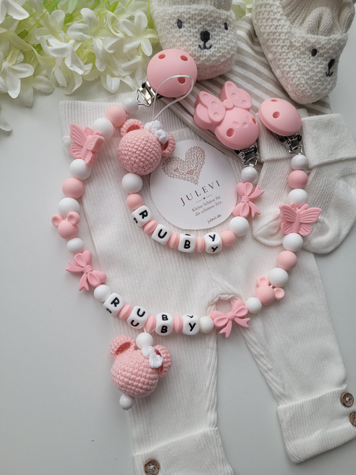 Kinderwagenkette & Schnullerkette Set mit Namen Schleifen Mäuse apricot weiß Silikon | personalisiert