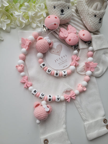 Kinderwagenkette & Schnullerkette Set mit Namen Schleifen Mäuse apricot weiß Silikon | personalisiert