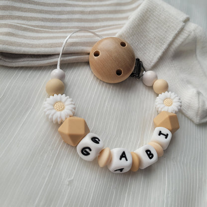Schnullerkette mit Namen für Mädchen Blumen weiss beige