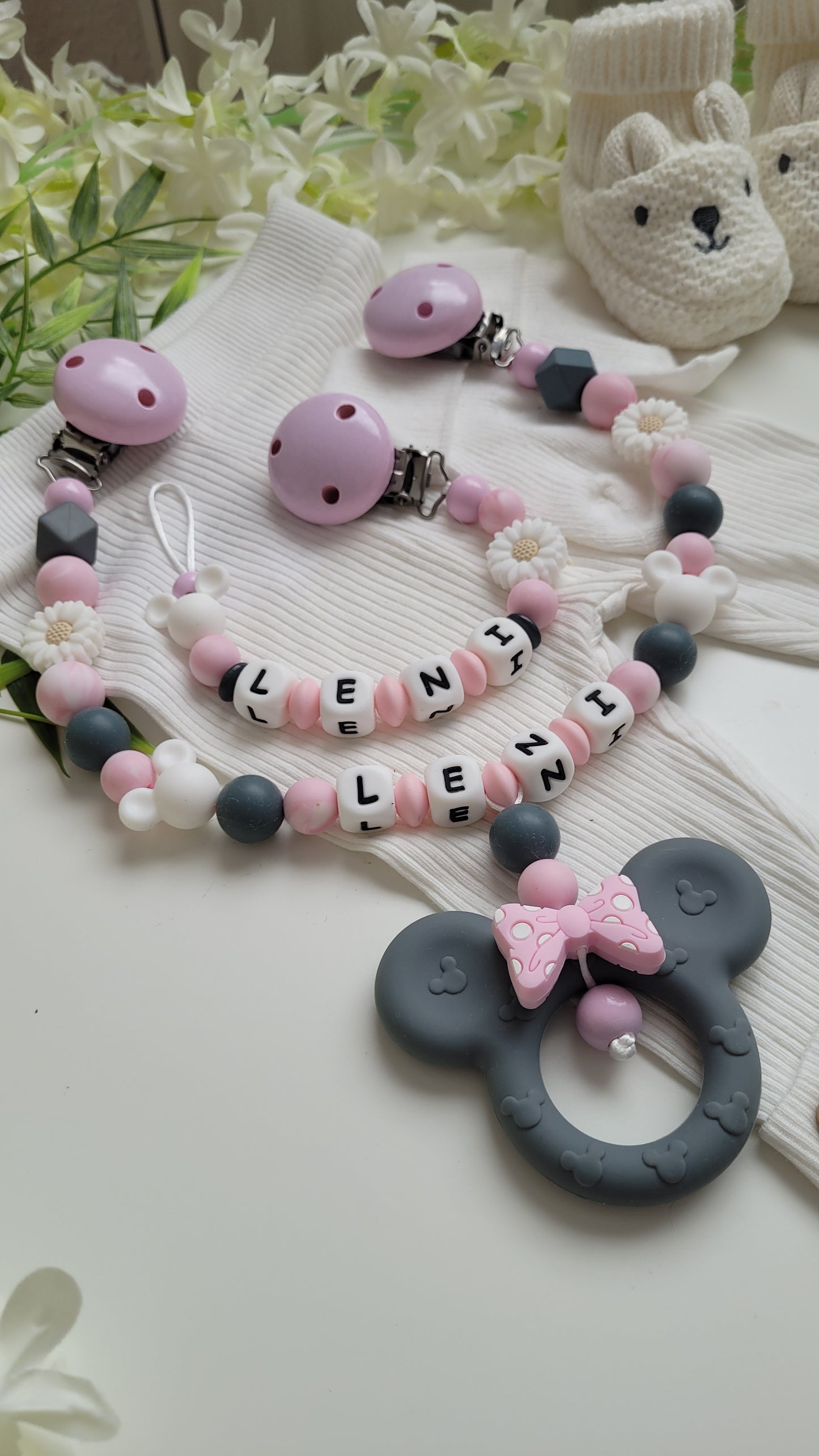Kinderwagenkette & Schnullerkette *Minnie* grau rosa