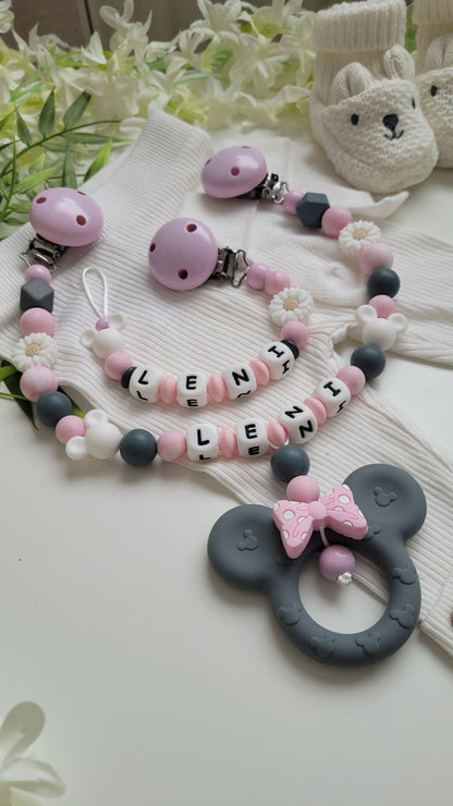 Kinderwagenkette & Schnullerkette *Minnie* grau rosa