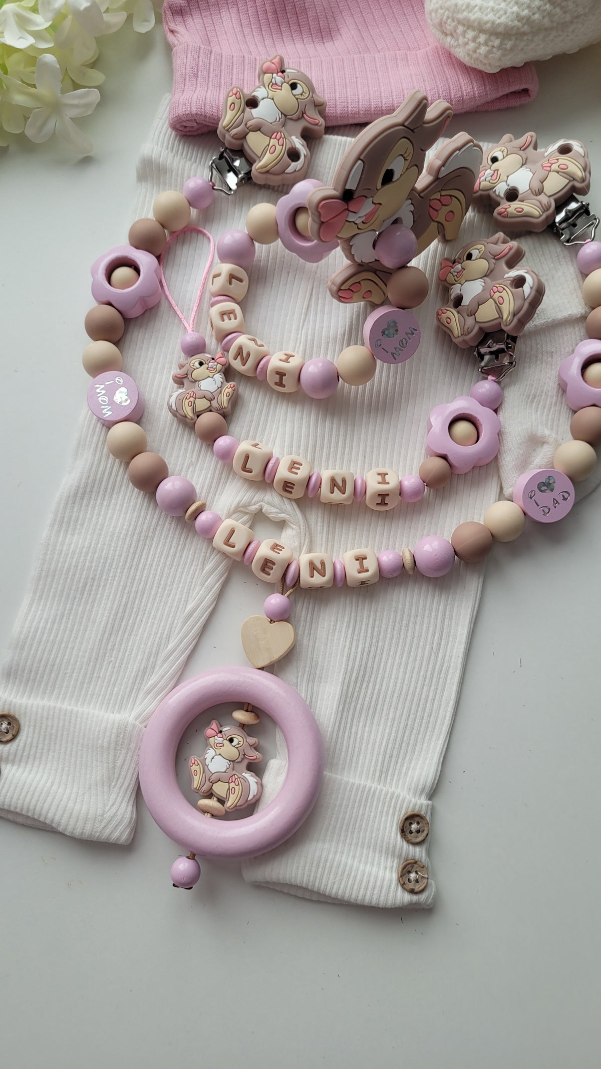 3tlg Set Schnullerkette Kinderwagenkette Beissring Hase & Blumen rosa taupe