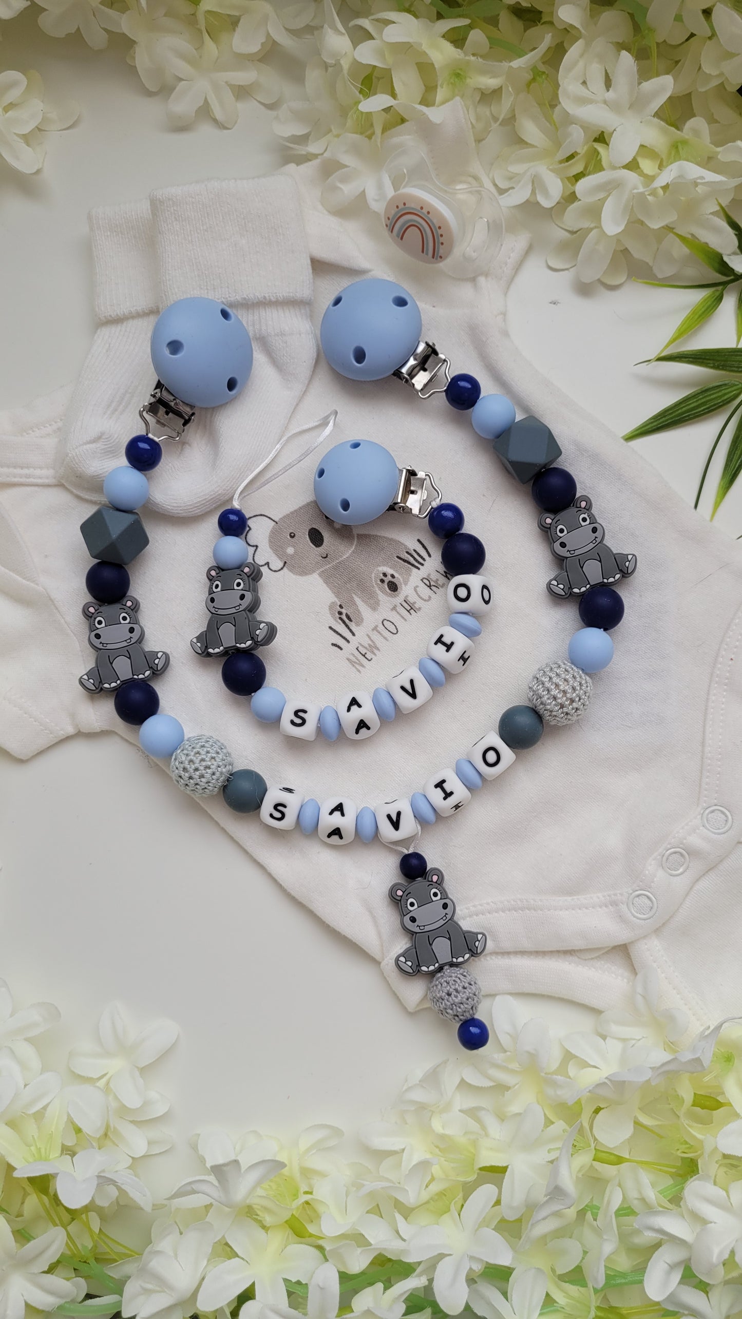Kinderwagenkette & Schnullerkette *Nilpferd* hellblau