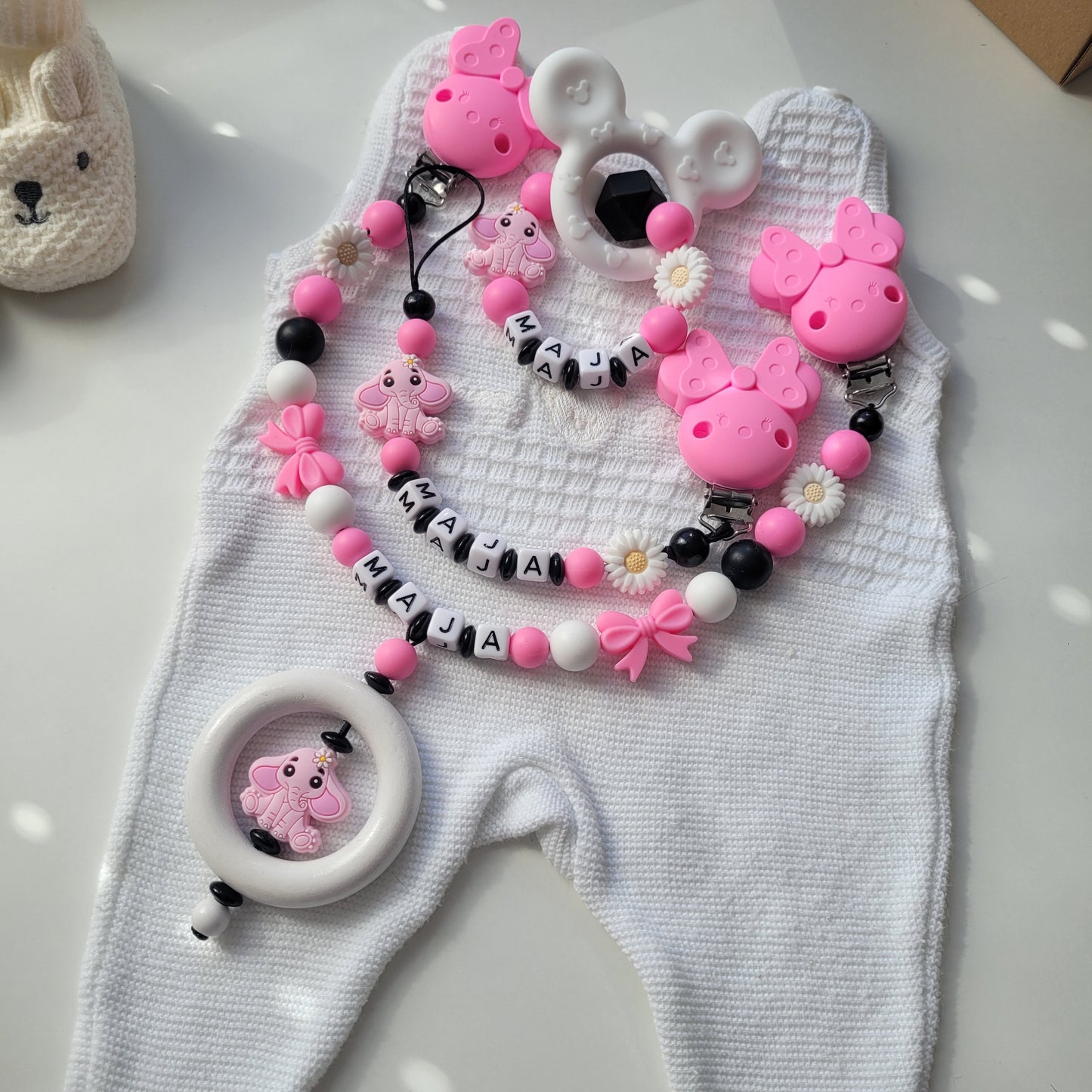 3er Set Kinderwagenkette & Schnullerkette mit Namen + Greifring für Mädchen schwarz pink weiß Elefant & Maus