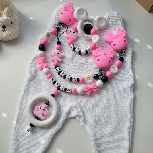 3er Set Kinderwagenkette & Schnullerkette mit Namen + Greifring für Mädchen schwarz pink weiß Elefant & Maus