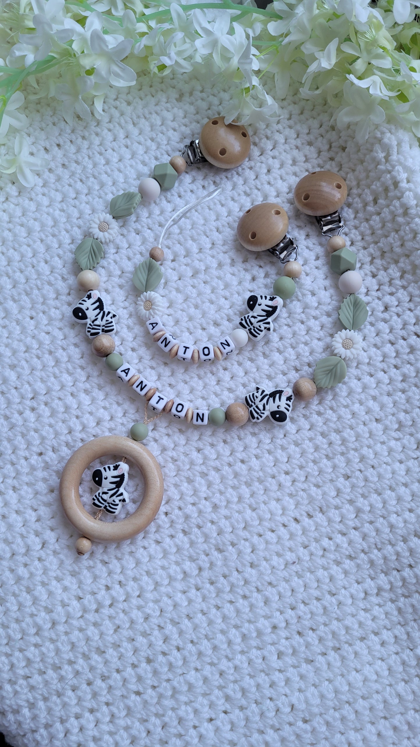 Kinderwagenkette & Schnullerkette Set Baby Zebra holz Salbei grün