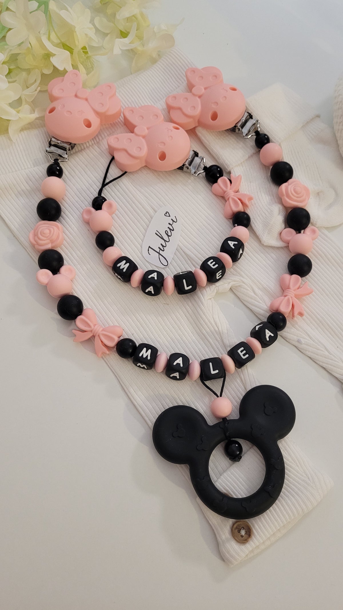 Kinderwagenkette & Schnullerkette Set mit Namen Maus apricot Holz Silikon | personalisiert