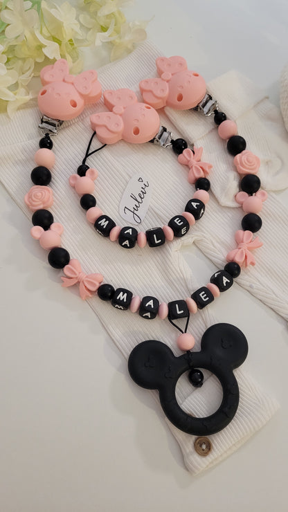 Kinderwagenkette & Schnullerkette Set mit Namen Maus apricot Holz Silikon | personalisiert