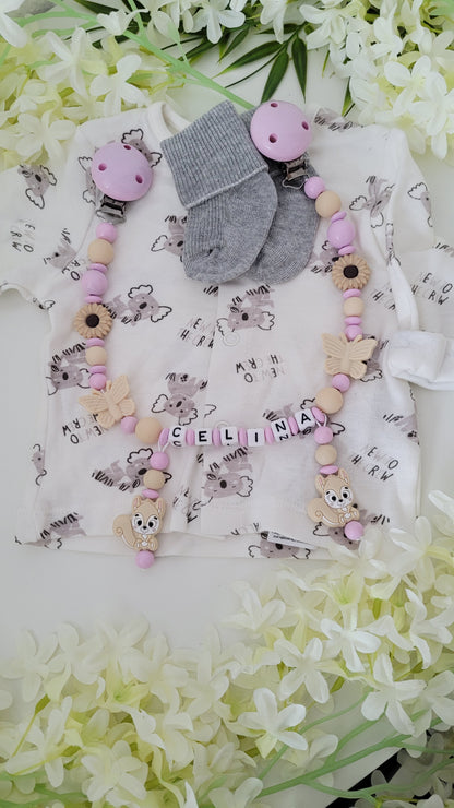 Kinderwagenkette & Schnullerkette *Eichhörnchen* rosa beige