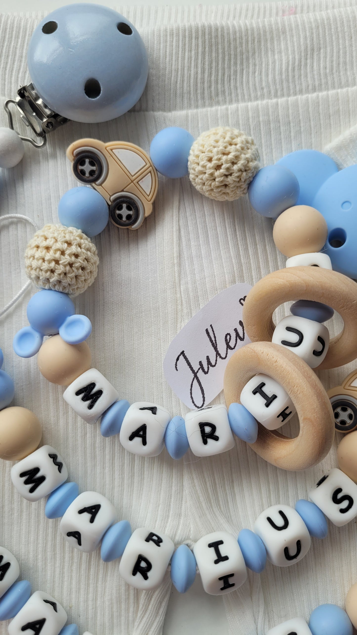 3er Set Schnullerkette Kinderwagenkette & Greifring mit Namen Auto Maus babyblau