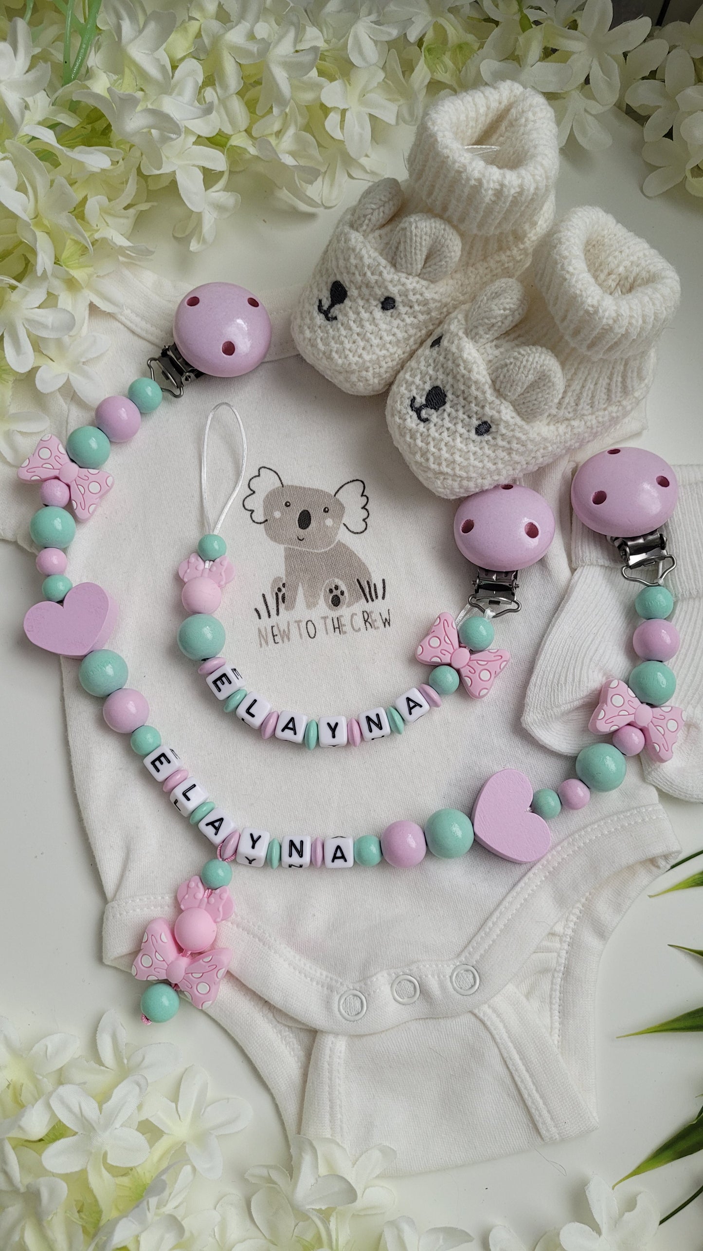 Kinderwagenkette & Schnullerkette mit Namen Minnie Maus mint rosa