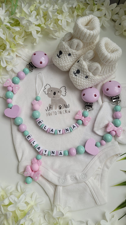 Kinderwagenkette & Schnullerkette mit Namen Minnie Maus mint rosa