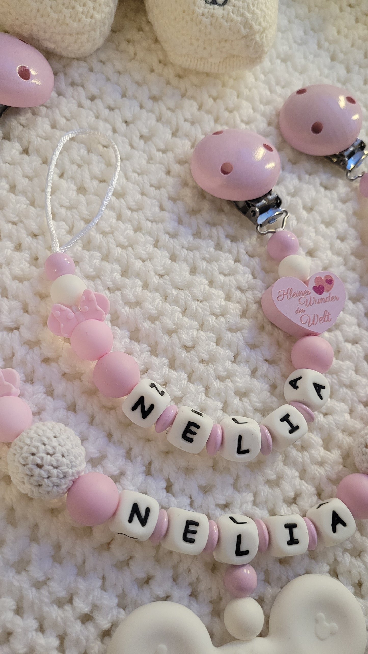 Kinderwagenkette & Schnullerkette mit Namen Maus rosa weiss