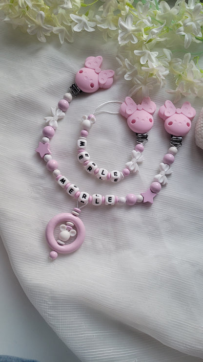 Kinderwagenkette & Schnullerkette mit Namen für Mädchen Maus rosa