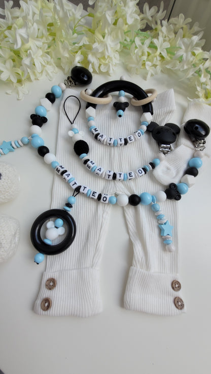 3tlg Set Schnullerkette Kinderwagenkette Greifling Maus blau schwarz