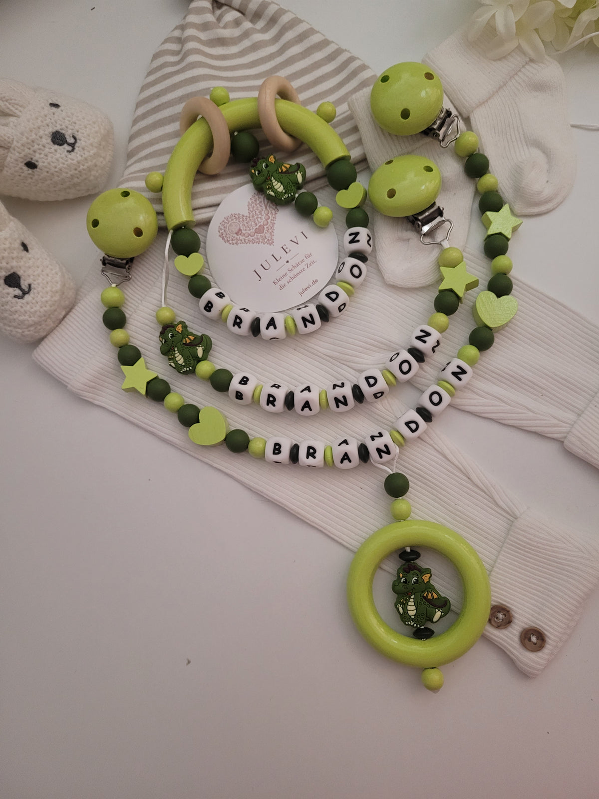 3er Set Schnullerkette, Kinderwagenkette & Beißring mit Namen Drache dunkelgrün hellgrün