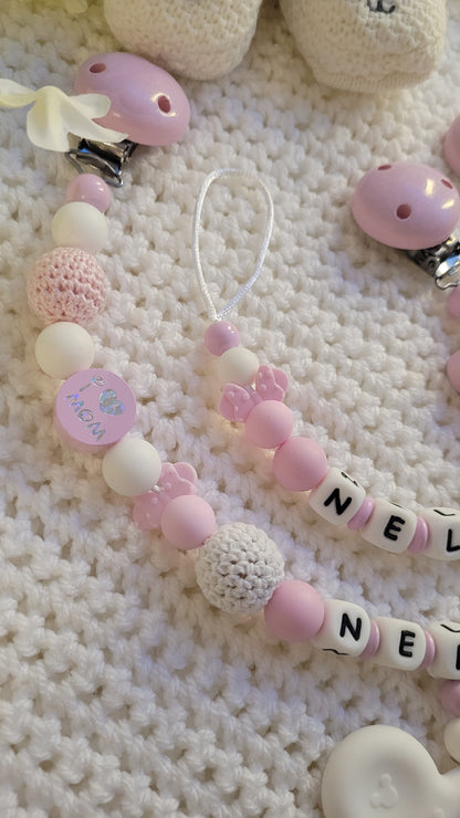 Kinderwagenkette & Schnullerkette mit Namen Maus rosa weiss