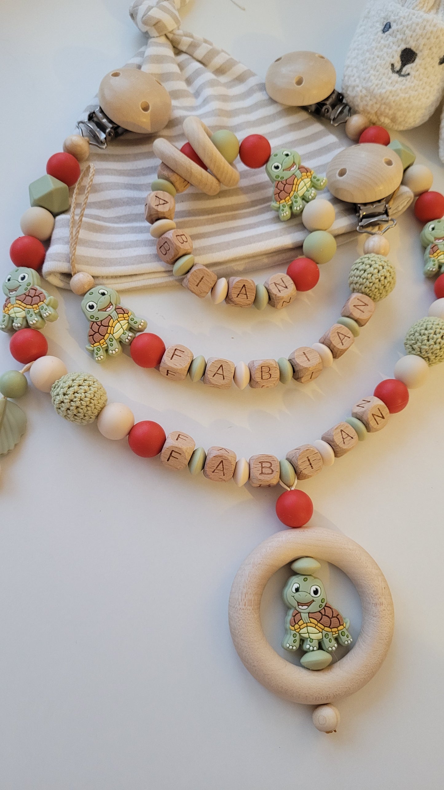Schnullerkette Kinderwagenkette & Beissring mit Namen Schildkröte beige rost grün