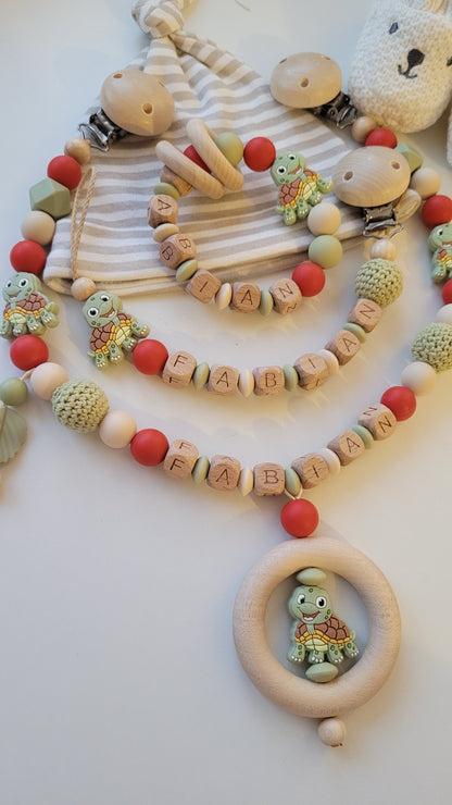 Schnullerkette Kinderwagenkette & Beissring mit Namen Schildkröte beige rost grün