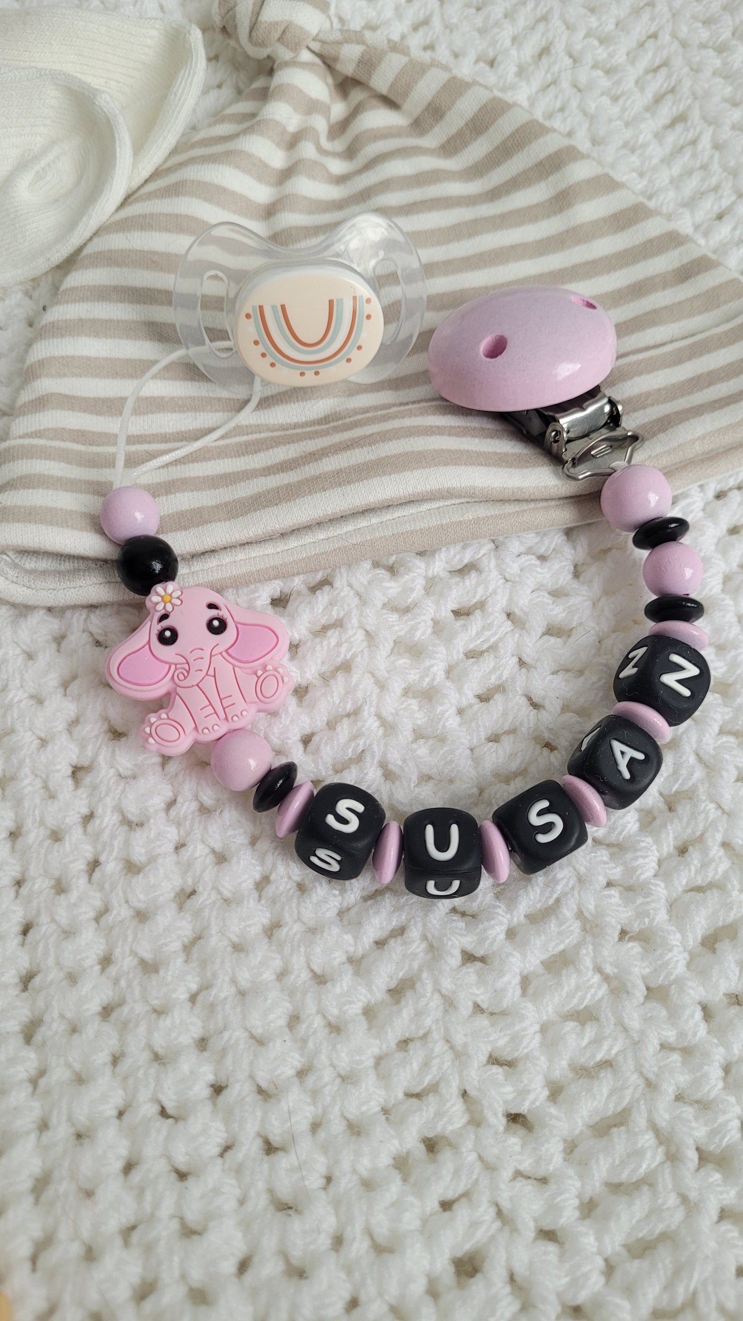 Schnullerkette mit Namen für Mädchen Elefant rosa
