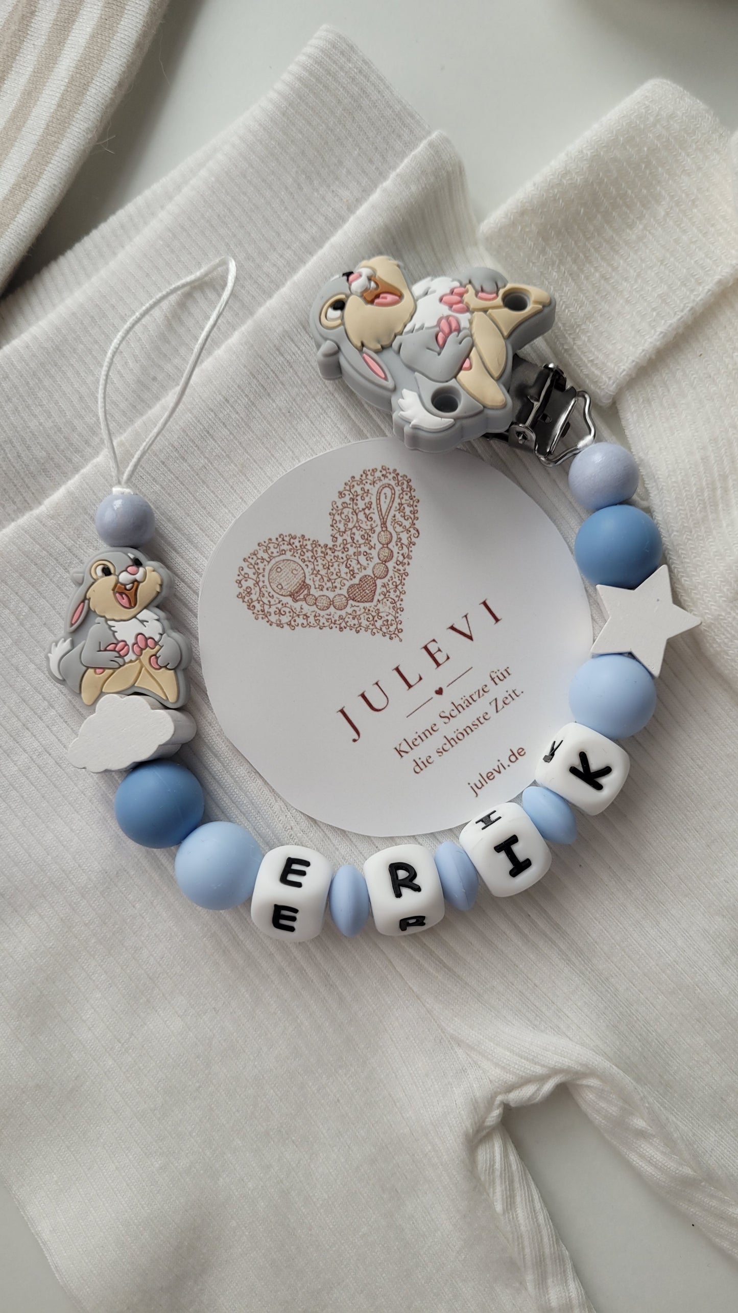 Schnullerkette mit Namen Jungen Hase blau | personalisiert