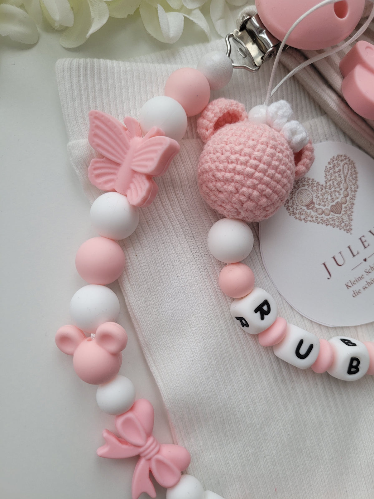 Kinderwagenkette & Schnullerkette Set mit Namen Schleifen Mäuse apricot weiß Silikon | personalisiert