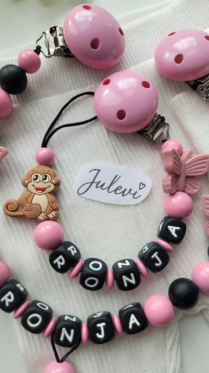 Kinderwagenkette & Schnullerkette Set mit Namen Affe Schmetterling schwarz blush Silikon Holz | personalisiert