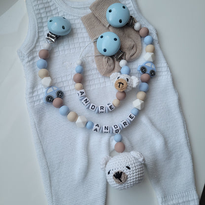 Kinderwagenkette & Schnullerkette mit Namen Auto Teddybear blau beige