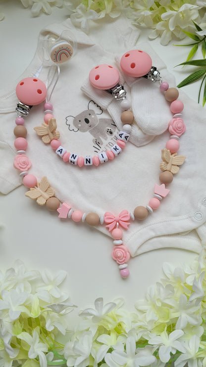 Kinderwagenkette & Schnullerkette *Schmetterling* beige apricot