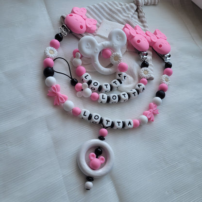3er Set Kinderwagenkette & Schnullerkette mit Namen + Greifring für Mädchen schwarz pink weiß