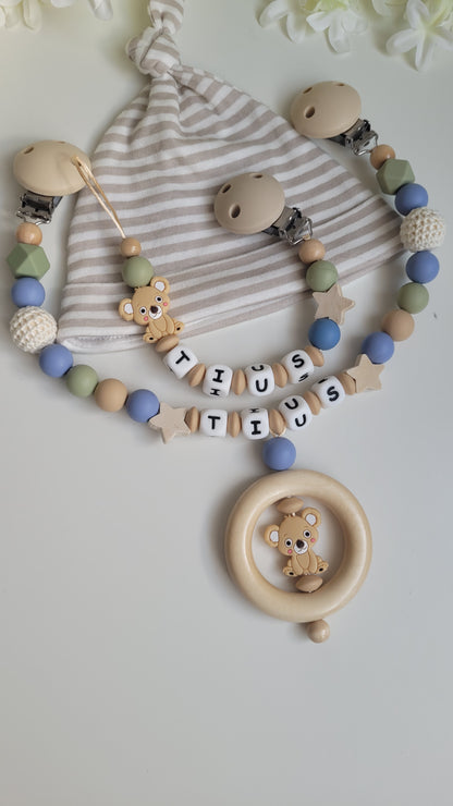 3tlg.Set Schnullerkette Kinderwagenkette & Greifring mit Namen Koala beige blau grün