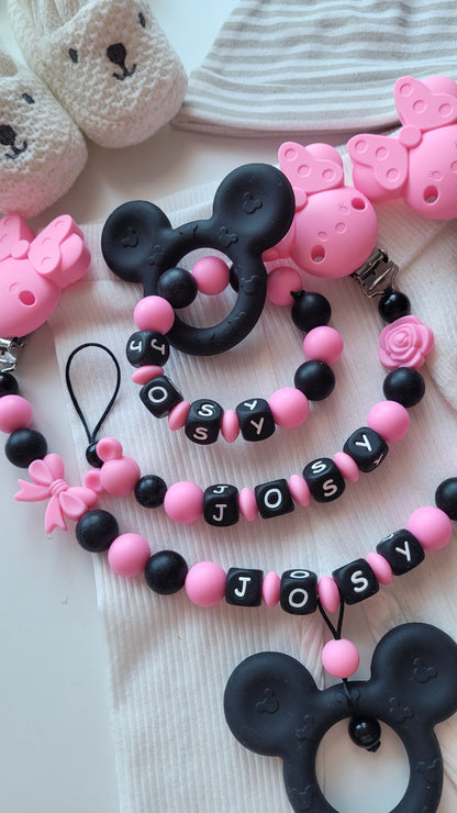 3er Set Kinderwagenkette & Schnullerkette mit Namen + Greifring für Mädchen Maus