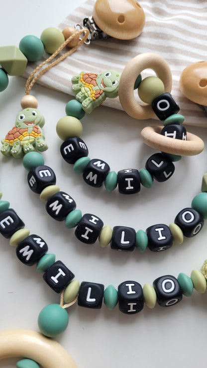 3er Set Schnullerkette Kinderwagenkette & Beissring mit Namen Schildkröte grün blaugrün