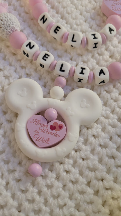 Kinderwagenkette & Schnullerkette mit Namen Maus rosa weiss